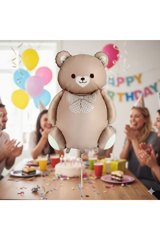 56,5x90 Cm Papyonlu Ayıcık Karamel Folyo Balon - Doğum Günü Parti Dekorasyon Balonu Çok Renkli