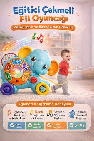 Çekmeli Fil Dostum Müzikli Işıklı Eğitici Oyuncak Sayı Öğreten 6+ Ay Bebek Oyuncağı Çekmeli Fil Dostum Müzikli Işıklı Eğitici Oyuncak Sayı Öğreten 6+ Ay Bebek Oyuncağı
