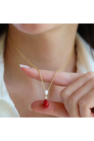 Mercan Taşlı Damla Gold Gümüş Set Gümüş