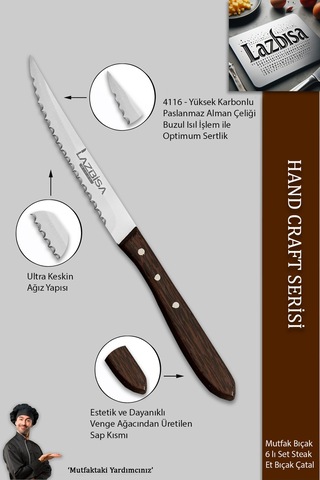 Lazbisa Mtf-060 Hand Craft Serisi Steak Et Bıçağı Çatalı 6 Lı Set Mutfak Bıçak Seti Kahverengi