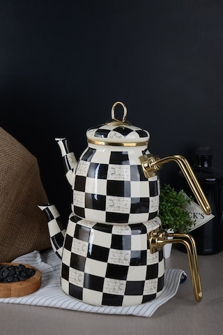 Bayev Elite Class Dama Emaye Çaydanlık - Siyah Beyaz Şık Tasarım Çaydanlık Beyaz - Siyah