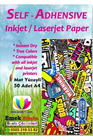 Inkjet Ve Laser Uyumlu 50 Adet A4 Sticker Güçlü Yapışkanlı Etiket