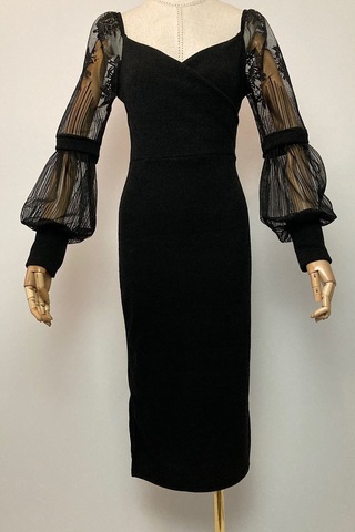 M1991 Kol Detaylı Kruvaze Örme Elbise Siyah-siyah Siyah