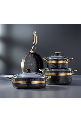 Bonera Nil 7 Parça Granit Tencere Seti Siyah - Gold Siyah