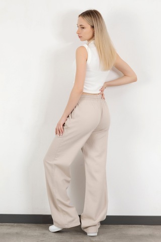 Giysa Kadın Beli Lastikli Bağcıklı Bol Paça Pantolon Taş - 4707 Taş