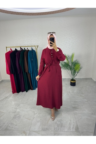 Kadın Bordo Karin Aerobin Kumaş Yarım Ön Düğmeli Püskül Bağcık Kuşaklı Tesettür Elbise Bordo