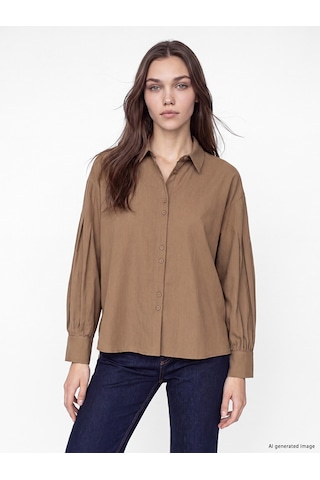 Lcw Modest Kahverengi Loose Fit Pileli Kadın Gömlek