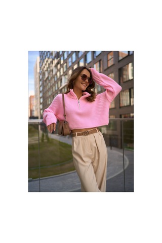 Cloudy Kids Kadın Oversize Fermuarlı Crop Triko Kazak Günlük Kullanım Mevsimlik Pembe - 607293446 Pembe