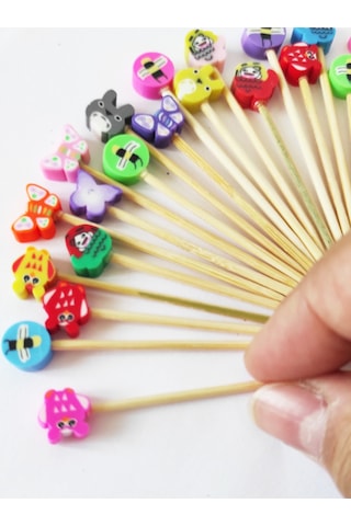 100 Adet Dekoratif Fimo Boncuklu Sevimli Karakterler Pasta Kürdanı 6,5 Cm Karışık Renk - Doğum Günü
