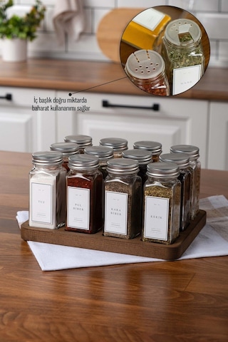 12'li Cam Baharatlık Takımı Gümüş Kapak Beyaz Etiket Ahşap Stand Baharatlık Seti-mh01slvr12 Beyaz - Şeffaf
