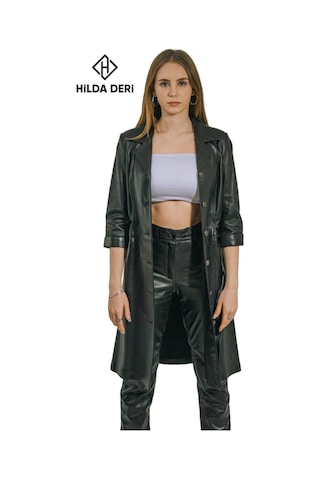 Hilda Deri Yarım Kollu Siyah Hakiki Deri Düğmeli Elbise Trençkot Diana 001