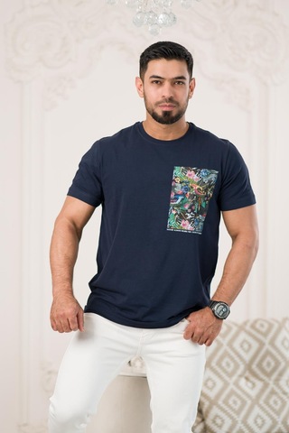 Bisiklet Yaka Önü Baskılı Pamuklu Likralı Basic Regular Fit T-shirt 001