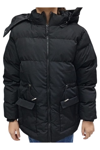 Kız Çocuk Kapüşonu Çıkabilen Fermuar Kapamalı Beli İp Bağlamalı İçi Peluş Astarlı Siyah Mont Siyah