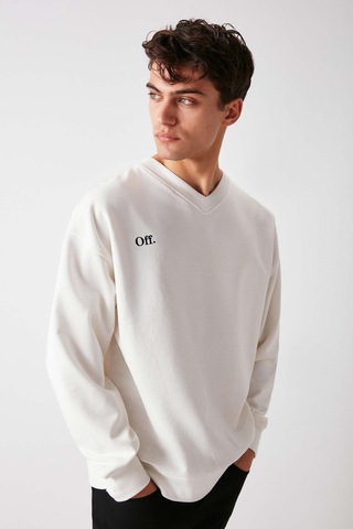 Grimelange Off Erkek Organik Pamuklu Yazı Nakış Detaylı V Yakalı Içi Polarsız Oversize Beyaz Sweatshirt