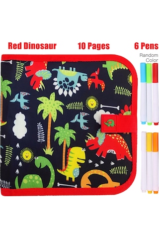 Aubyhe Kırmızı Dinozor Desenli Çocuk Taşınabilir Çizim Defteri - Tekrarlı Yazma Özelliği, 10 Sayfa Ve 6 Renkli Kalem Seti Çok Renkli