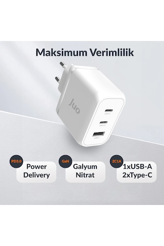 Juo 65W USB-C + USB-A 3 Portlu GaN Şarj Aleti iPhone Notebook Uyumlu PD Type-C Hızlı Şarj Cihazı Beyaz