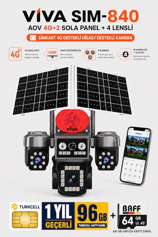 Viva Sim-840 Çift Güneş Panelli 4g Sim Kartlı Kablosuz 4 Lensli Güvenlik Kamerası 16mp Ptz 96 Gb İnternetli Sim Kart + 64 Gb Hafıza Kartı Dahil