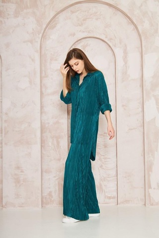 Kadın Pliseli Beli Lastikli Pantolon Tunik Gömlek Ikili Bürümcük Salaş Takım 3573300 Zümrüt