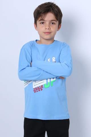Hçm Erkek Çocuk Uzun Kollu Tshirt Never Give Up Baskılı Bisiklet Yaka D10 Mavi