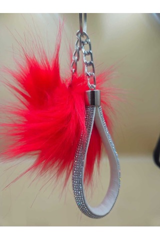 Gümüş Taşlı Tilki Tüyü Kırmızı Angel Anahtarlık