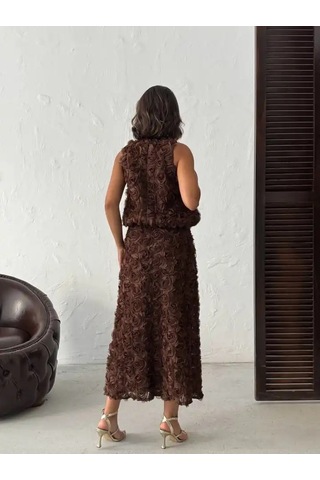 Gül Desenli Tül Etek Kahve