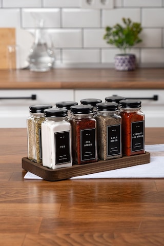 Mienda Home 8'li Ahşap Standlı Cam Baharatlık Seti Siyah Kapaklı Etiketli Baharatlık Mh01syh08 Siyah - Şeffaf