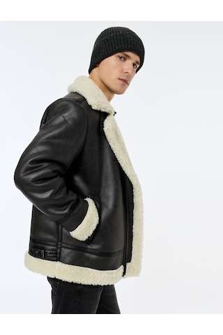 Koton Kapaklı Cepli Çıtçıt Düğme Detaylı Slim Fit İçi Peluş Yaka Suni Süet Ceket Siyah 6wam20103hw