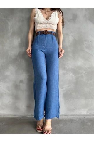 Derenle Beli Kemerli Keten Pantolon Mavi