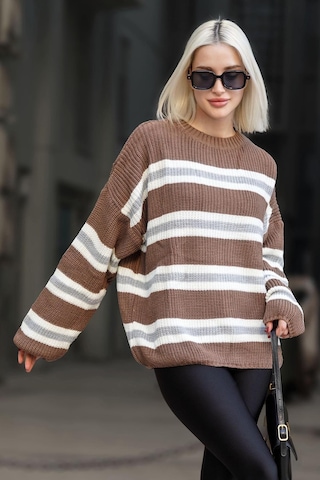 Madmext Kahverengi Çizgili Triko Kazak Mg1244 - Kahverengi