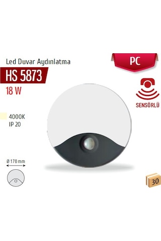 18w Sensörlü Led Duvar Armatürü, Naturel Beyaz, Beyaz Kasa Hs 5873 Beyaz