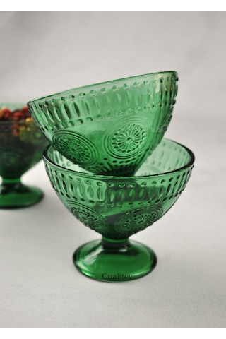 3 Adet Yeşil Cam Çerezlik Dondurma Tabağı Sunum Magnolia Kasesi