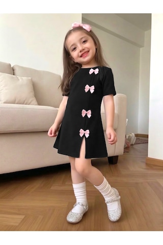Uyguntarz Kız Çocuk Siyah Mini Elbise Pembe Fiyonk Detaylı Modern Tasarım Siyah - Pembe