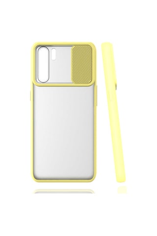 Noktaks - Oppo Uyumlu Oppo Reno 3 - Kılıf Slayt Sürgülü Arkası Buzlu Lensi Kapak - Sarı T16234 Sarı