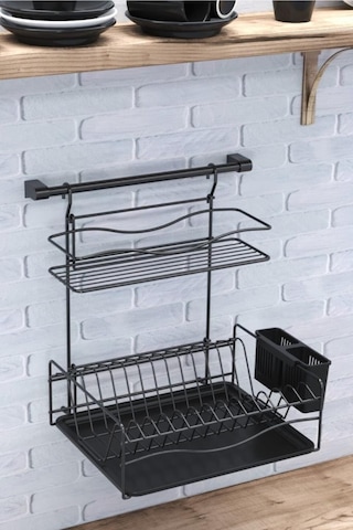 Geseus Home Borulu Askılı Bardaklık Tabaklık Bulaşıklık Mat Siyah