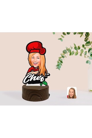 Kişiye Özel Kadın Chef Karikatürlü Dekoratif 3D Biblo Led Işıklı (481501254)