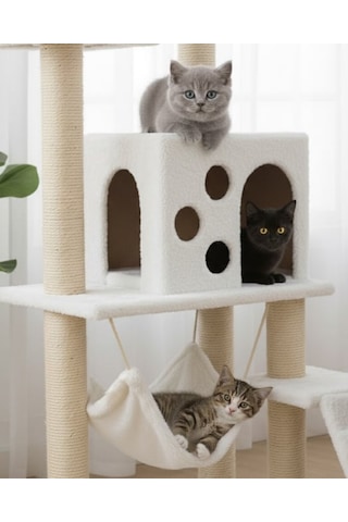 Reyo Pet B-10 Hamaklı Yuvalı Lüx Kedi Tırmalama Oyun Evi Beyaz