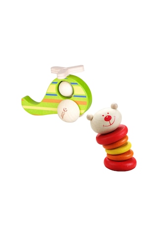 Calimeratoys Ahşap Ayıcık Çıngırak & Helikopter Oyuncak 2li Set