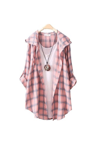 Pembe Güneş Koruyucu Gömlekler Kadın Kapşonlu Ekose Uzun Kollu Bol Üstler İnce Paltolar Hırkalar Pembe