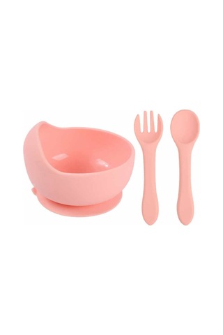 Çocuk Silikon Mama Önlüğü, Silikon Vakumlu Kase, Silikon Kaşık Ve Çatal / Pembe