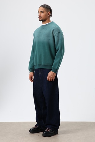 Vamos Yıkamalı Taş Detaylı Oversize Sweatshirt Nefti