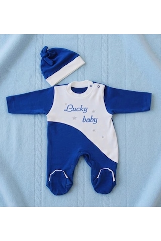 Biçomi Lucky Baby Kaşındırmayan Yumuşak Dokulu Çizgili Bebek Tulumu & Şapka Seti 0-6 Ay Lacivert