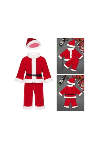 Bebek Erkek Noel Noel Baba Kostüm Kıyafet Uzun Kollu Kadife Üst + Pantolon Takımı Kırmızı