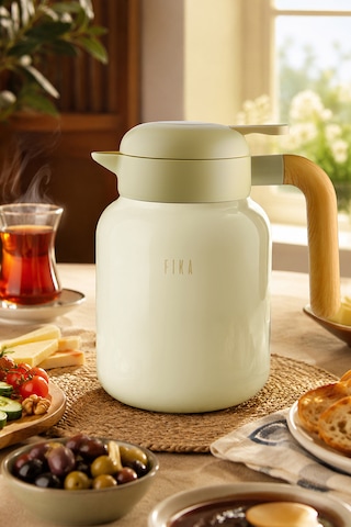 Fika Paeta Çift Katmanlı Sızdırmaz Kapaklı Çelik Orta Boy Sürahi Termos 1300 Ml Bej