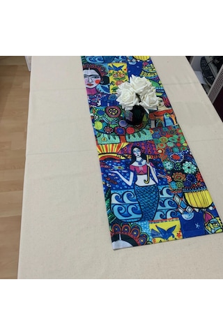 Frida Kahlo Desenli Runner, Yüksek Kaliteli Dijital Baskılı Runner, Dayanıklı, Modern Tasarım 40x145 Çok Renkli