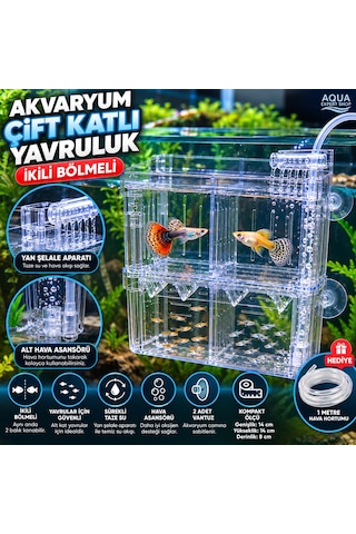 Akvaryum Çift Katlı Yavruluk - İkili Hazne - Hava Asansörlü - Şelale Filtreli - 14x14x8 Cm - Balıklar İçin Güvenli