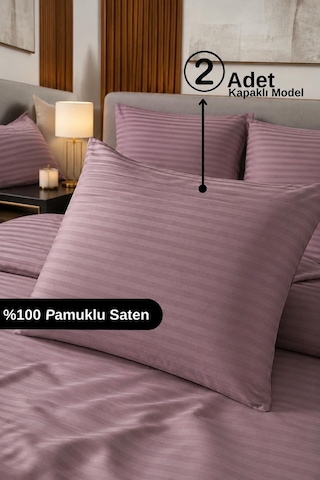 %100 Pamuk Saten Çizgili Kapaklı Yastık Kılıfı 2'li Lüx Otel Kalitesi 50x70 Mürdüm
