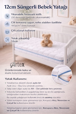 12Cm Aloe Süngerli Bebek Çocuk Beşik Yatağı 70x110 Yıkanabilir Kılıflı Park Yatak Oyun Parkı