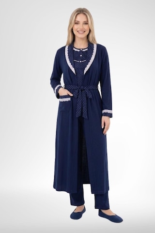 Mecit Pijama Mecit 6391 Lacivert Kadın Büyük Beden Uzun Sabahlık Pijama Takımı