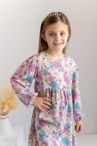 Zeyland Kız Çocuk Desenli Dokuma Elbise-Mürdüm