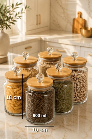 6'lı Bambu Kapaklı Kristal Aksesuarlı Cam Kavanoz Seti Hava Geçirmez Bakliyat Baharatlık 900ml Şeffaf